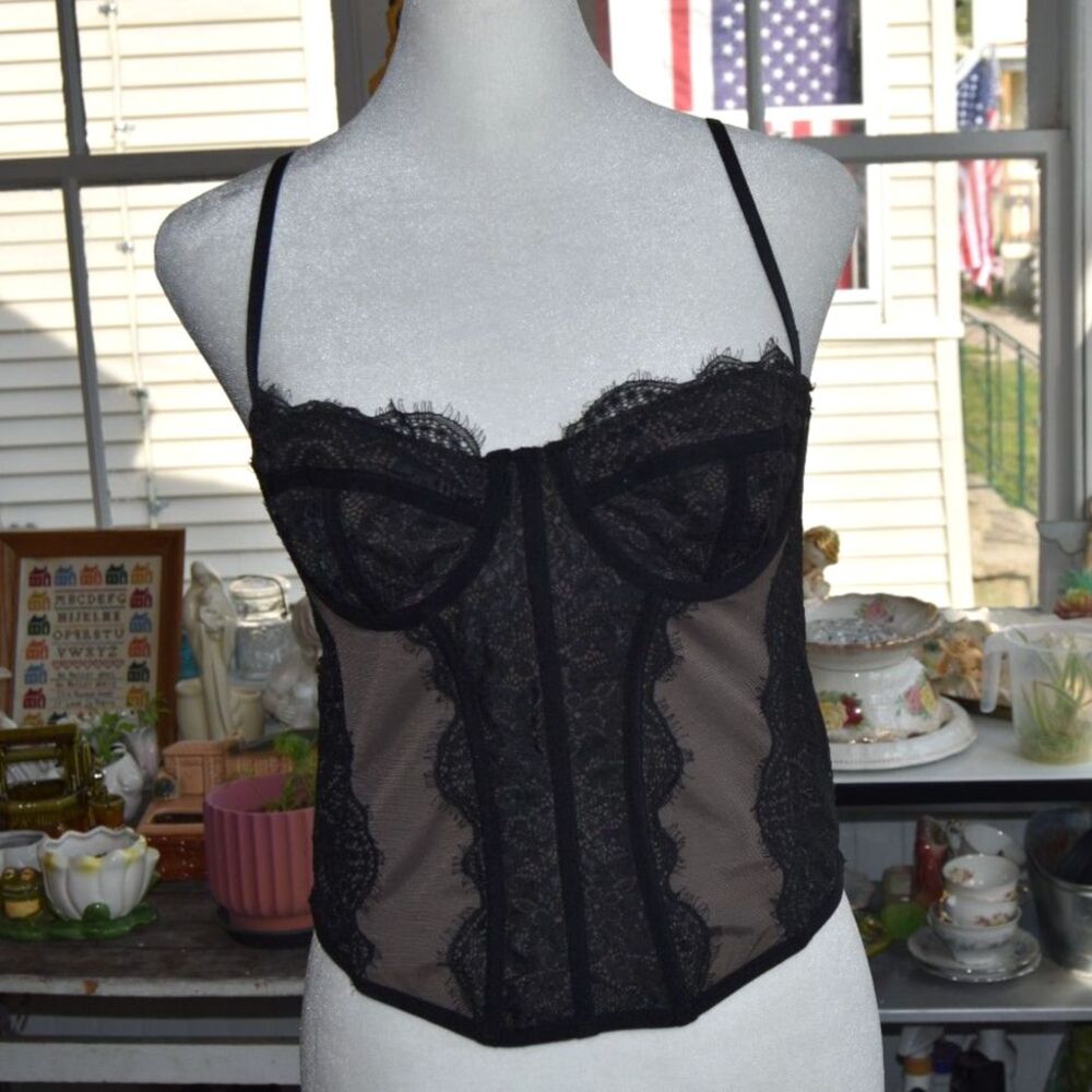 Y2K Black Lace Mesh Bustier Corset Top Sheer Lingerie Cami S/M 32-34 Bust